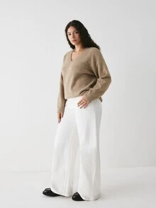 YARNWELL Women's V-Neck Minimalist Daily Textured Long Sleeve Solid Color Pullover Sweater Winter - Coffee Brown - View 10