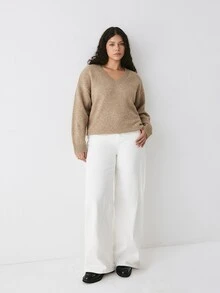 YARNWELL Women's V-Neck Minimalist Daily Textured Long Sleeve Solid Color Pullover Sweater Winter - Coffee Brown - View 11