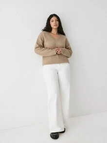 YARNWELL Women's V-Neck Minimalist Daily Textured Long Sleeve Solid Color Pullover Sweater Winter - Coffee Brown - View 9