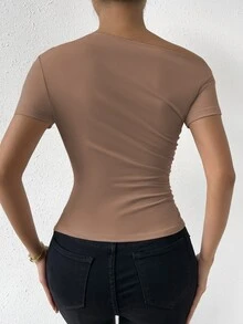 Structelle 女士一字肩純色修身休閒短袖T恤，適用於春夏日常穿著 - 棕色 - 查看 2