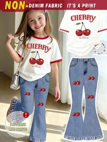 Souflis Souflis Spring Summer Girls Casual Fashion Fruit Cherry Pattern Letter Print T-Shirt And Flared Pants Set,Comfortable Daily Wear School Back-To-School Outfit - Multicolor - View 1