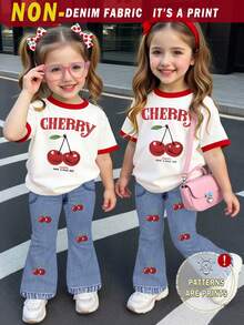 Souflis Souflis Spring Summer Girls Casual Fashion Fruit Cherry Pattern Letter Print T-Shirt And Flared Pants Set,Comfortable Daily Wear School Back-To-School Outfit - Multicolor - View 3