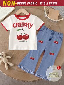 Souflis Souflis Spring Summer Girls Casual Fashion Fruit Cherry Pattern Letter Print T-Shirt And Flared Pants Set,Comfortable Daily Wear School Back-To-School Outfit - Multicolor - View 4