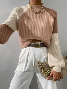 Balvessa Suéter de cuello alto de manga raglán con bloques de color, tops de manga larga de punto, jersey de punto para otoño e invierno - Multicolor - Ver 4