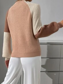 Balvessa Suéter de cuello alto de manga raglán con bloques de color, tops de manga larga de punto, jersey de punto para otoño e invierno - Multicolor - Ver 2
