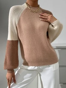 Balvessa Suéter de cuello alto de manga raglán con bloques de color, tops de manga larga de punto, jersey de punto para otoño e invierno - Multicolor - Ver 5