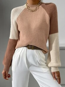 Balvessa Suéter de cuello alto de manga raglán con bloques de color, tops de manga larga de punto, jersey de punto para otoño e invierno - Multicolor - Ver 6
