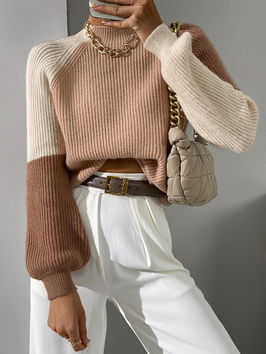 Balvessa Suéter de cuello alto de manga raglán con bloques de color, tops de manga larga de punto, jersey de punto para otoño e invierno - Multicolor - Ver 1