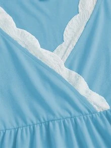 Elamini 女款春夏白色法式浪漫蕾絲拼接V領前綁帶T恤上衣 - 藍色 - 查看 6