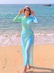 Swim Shayni Ombre Zipper Modest Women Swimwear Set - Multicolor - View 8