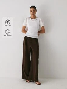YARNWELL 女款純色百褶直筒西裝長褲,附口袋,教師節商務辦公風,端莊深棕色,夏季休閒 - 咖啡棕 - 查看 9