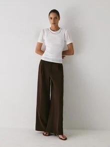 YARNWELL 女款純色百褶直筒西裝長褲,附口袋,教師節商務辦公風,端莊深棕色,夏季休閒 - 咖啡棕 - 查看 8