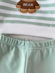 SHEIN Playful Pals 2件組新生兒男嬰女嬰運動衫長褲套裝，可愛綠色白色熊刺繡條紋長袖圓領，休閒派對秋季舒適慢跑寬鬆款 - 綠色 - 查看 10