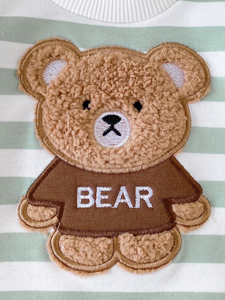 SHEIN Playful Pals 2pcs Newborn Baby Boy Girl Sweatshirt Pants Set Cute Green White Bear Embroidery Striped Long Sleeve Round Neck Regular Party Fall Cozy Jogging Loose - Green - View 5