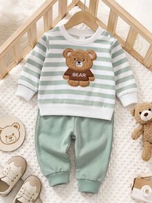 SHEIN Playful Pals 2件組新生兒男嬰女嬰運動衫長褲套裝，可愛綠色白色熊刺繡條紋長袖圓領，休閒派對秋季舒適慢跑寬鬆款 - 綠色 - 查看 8