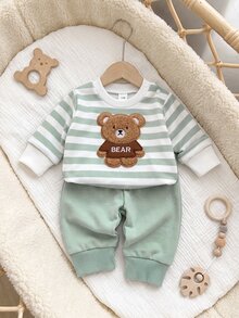 SHEIN Playful Pals 2件組新生兒男嬰女嬰運動衫長褲套裝，可愛綠色白色熊刺繡條紋長袖圓領，休閒派對秋季舒適慢跑寬鬆款 - 綠色 - 查看 4