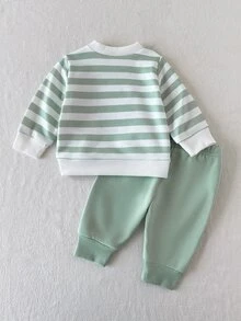 SHEIN Playful Pals 2件組新生兒男嬰女嬰運動衫長褲套裝，可愛綠色白色熊刺繡條紋長袖圓領，休閒派對秋季舒適慢跑寬鬆款 - 綠色 - 查看 3
