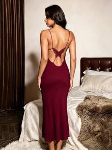 Slumberist Slim Fit Camisole Dress + Sheer Lace-Up Robe, Premium Quality Butterfly Back Design 3-Piece Pajama Set - Burgundy - View 3