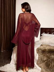 Slumberist Slim Fit Camisole Dress + Sheer Lace-Up Robe, Premium Quality Butterfly Back Design 3-Piece Pajama Set - Burgundy - View 4