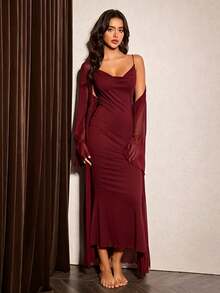 Slumberist Slim Fit Camisole Dress + Sheer Lace-Up Robe, Premium Quality Butterfly Back Design 3-Piece Pajama Set - Burgundy - View 2