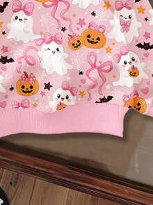 超可愛粉色萬聖節蝴蝶結南瓜、幽靈、蝙蝠圖案 Hey Bootiful! Trick Or Treat! 女嬰休閒款柔軟圓領套頭寬鬆加厚衛衣，適合秋冬日常、萬聖節、甜美女孩風、南瓜季 BOO! - 彩色 - 查看 6