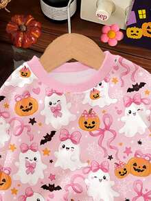 超可愛粉色萬聖節蝴蝶結南瓜、幽靈、蝙蝠圖案 Hey Bootiful! Trick Or Treat! 女嬰休閒款柔軟圓領套頭寬鬆加厚衛衣，適合秋冬日常、萬聖節、甜美女孩風、南瓜季 BOO! - 彩色 - 查看 7