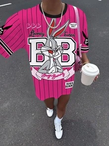 LOONEY TUNES X SHEIN 女款卡通字母印花對比滾邊休閒短袖上衣 - 白色 - 查看 6