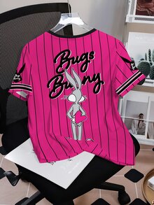 LOONEY TUNES X SHEIN 女款卡通字母印花對比滾邊休閒短袖上衣 - 白色 - 查看 2