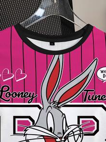 LOONEY TUNES X SHEIN 女款卡通字母印花對比滾邊休閒短袖上衣 - 白色 - 查看 4