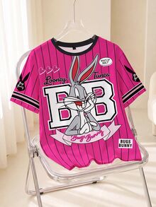 LOONEY TUNES X SHEIN 女款卡通字母印花對比滾邊休閒短袖上衣 - 白色 - 查看 1