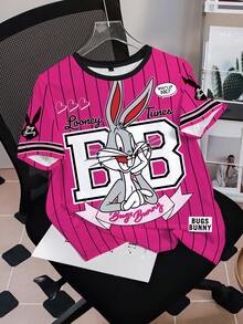 LOONEY TUNES X SHEIN 女款卡通字母印花對比滾邊休閒短袖上衣 - 白色 - 查看 3