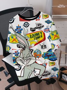 LOONEY TUNES X SHEIN 男士夏季休閒卡通印花T恤 - 白色 - 查看 3