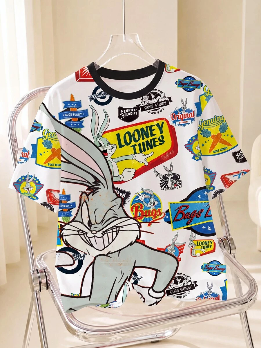 LOONEY TUNES X SHEIN 男士夏季休閒卡通印花T恤 - 白色 - 查看 1
