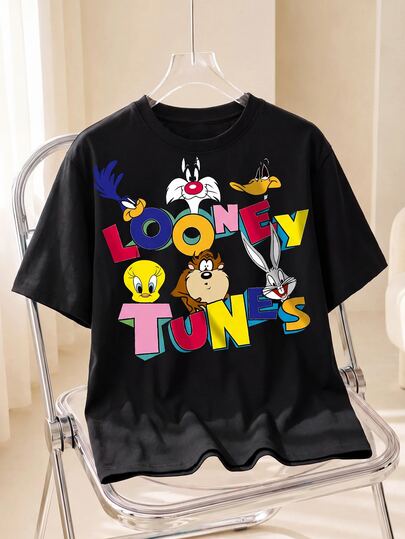 LOONEY TUNES X SHEIN Men's Letter Cartoon Print Crew Neck Short Sleeve Casual T-Shirt