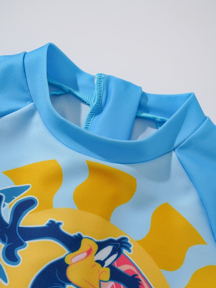 LOONEY TUNES X SHEIN Baby Boy Palm Tree Print Raglan Sleeve Casual Swimsuit With Shorts - Blue - View 4