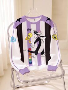 LOONEY TUNES X SHEIN Women's Cartoon Pattern Black And White Striped Colorblock Print Crew Neck Long Sleeve Sweatshirt Back-To-School Holiday Autumn Streetwear Casual - White - View 1