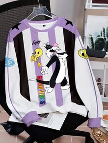 LOONEY TUNES X SHEIN Women's Cartoon Pattern Black And White Striped Colorblock Print Crew Neck Long Sleeve Sweatshirt Back-To-School Holiday Autumn Streetwear Casual - White - View 3