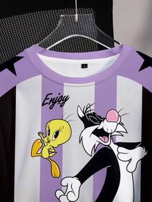 LOONEY TUNES X SHEIN Women's Cartoon Pattern Black And White Striped Colorblock Print Crew Neck Long Sleeve Sweatshirt Back-To-School Holiday Autumn Streetwear Casual - White - View 4