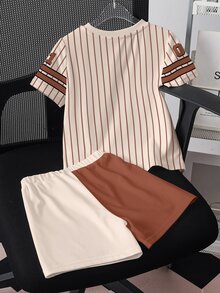 LOONEY TUNES X SHEIN Young Boy Summer Casual Striped Rabbit Print Short Sleeve T-Shirt And Shorts Set - White - View 2