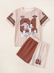 LOONEY TUNES X SHEIN Young Boy Summer Casual Striped Rabbit Print Short Sleeve T-Shirt And Shorts Set - White - View 1