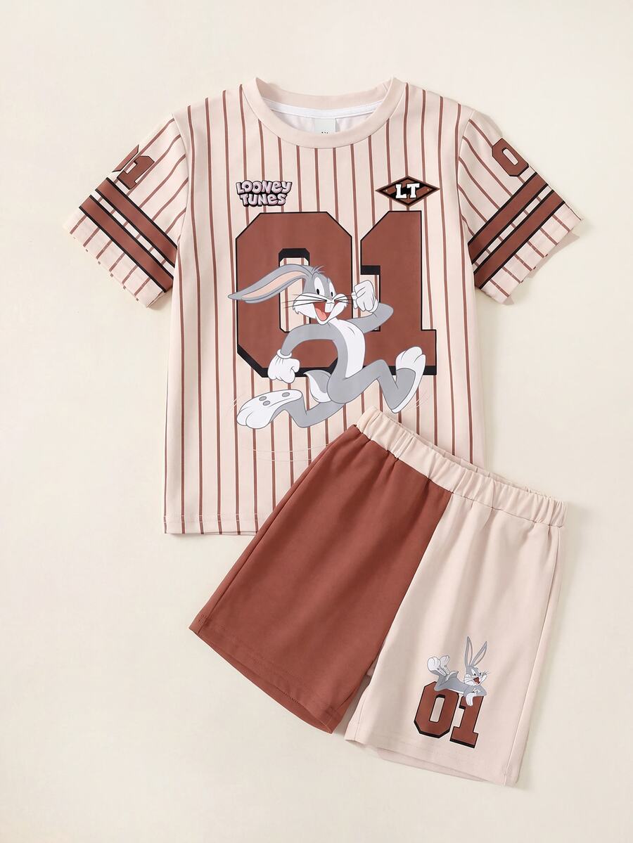 LOONEY TUNES X SHEIN Young Boy Summer Casual Striped Rabbit Print Short Sleeve T-Shirt And Shorts Set - White - View 1