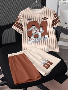 LOONEY TUNES X SHEIN Young Boy Summer Casual Striped Rabbit Print Short Sleeve T-Shirt And Shorts Set - White - View 3