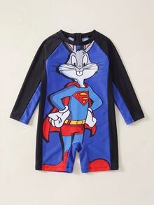 LOONEY TUNES X SHEIN 1 buah Baju Terusan Lengan Raglan Gaya Kasual untuk Anak Laki-laki dengan Celana Pendek - MultiWarna - View 1