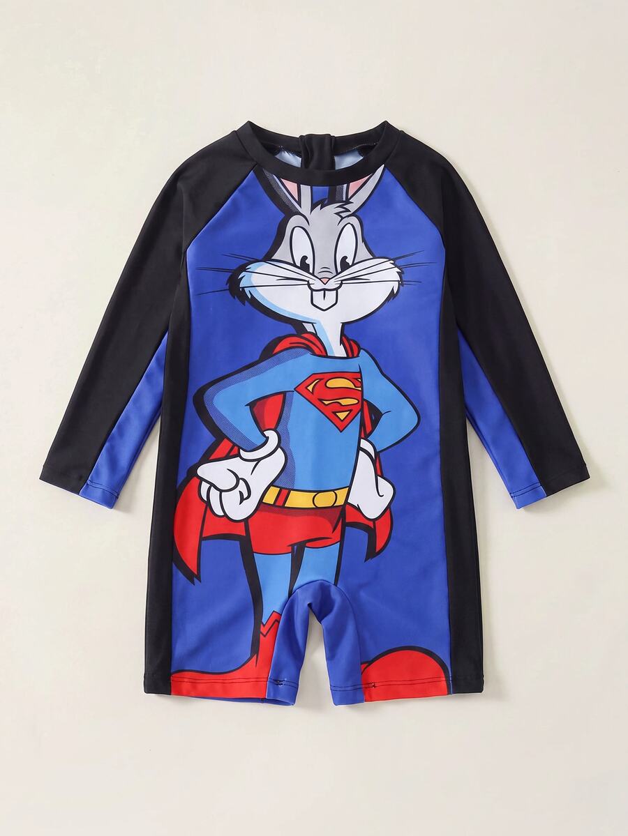 LOONEY TUNES X SHEIN 1 buah Baju Terusan Lengan Raglan Gaya Kasual untuk Anak Laki-laki dengan Celana Pendek - MultiWarna - View 1