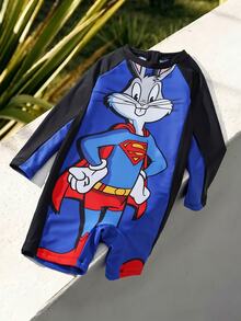 LOONEY TUNES X SHEIN 1 buah Baju Terusan Lengan Raglan Gaya Kasual untuk Anak Laki-laki dengan Celana Pendek - MultiWarna - View 3