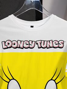 LOONEY TUNES X SHEIN 女款夏季休閒可愛 Y2K 配色拼接卡通印花 T 恤，日常上學穿搭，淡黃色 - 白色 - 查看 4