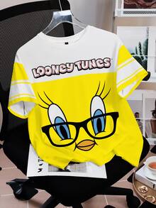 LOONEY TUNES X SHEIN 女款夏季休閒可愛 Y2K 配色拼接卡通印花 T 恤，日常上學穿搭，淡黃色 - 白色 - 查看 3