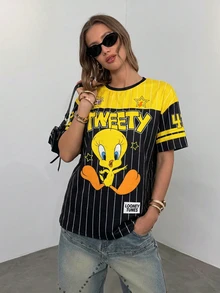 LOONEY TUNES X SHEIN 女款卡通動物印花圓領短袖休閒百搭T恤 - 白色 - 查看 6