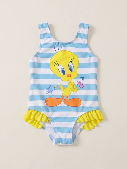 LOONEY TUNES X SHEIN Baby Girl Cute Cartoon Duck Pattern Striped Print One-Piece Swimsuit