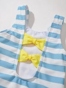 LOONEY TUNES X SHEIN Baby Girl Cute Cartoon Duck Pattern Striped Print One-Piece Swimsuit - Yellow - View 6